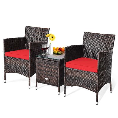 Costway Outdoor 3 PCS PE Rattan Wicker Furniture Sets Chairs  Coffee Table Garden Red Image 2
