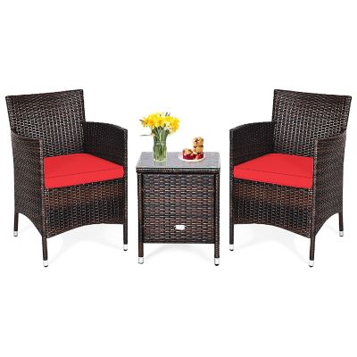 Costway Outdoor 3 PCS PE Rattan Wicker Furniture Sets Chairs  Coffee Table Garden Red Image 3