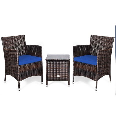 Costway Outdoor 3 PCS Rattan Wicker Furniture Sets Chairs Coffee Table Garden Navy Image 1