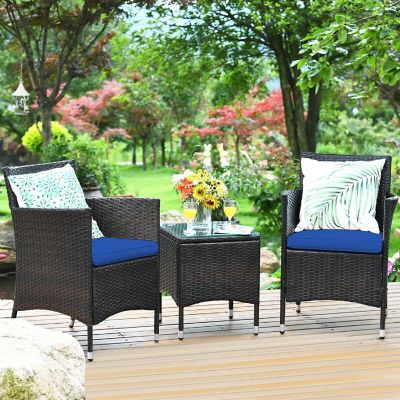 Costway Outdoor 3 PCS Rattan Wicker Furniture Sets Chairs Coffee Table Garden Navy Image 1