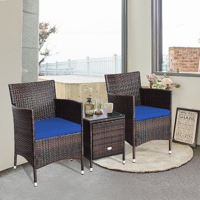 Costway Outdoor 3 PCS Rattan Wicker Furniture Sets Chairs Coffee Table Garden Navy Image 2