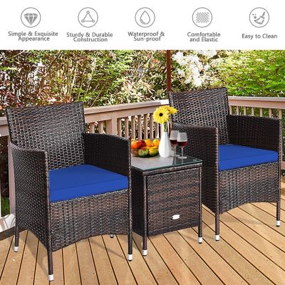 Costway Outdoor 3 PCS Rattan Wicker Furniture Sets Chairs Coffee Table Garden Navy Image 3