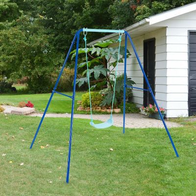 Costway Outdoor Kids Swing Set Heavy Duty Metal A-Frame w/ Ground Stakes Blue Image 2
