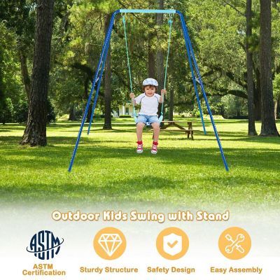 Costway Outdoor Kids Swing Set Heavy Duty Metal A-Frame w/ Ground Stakes Blue Image 3