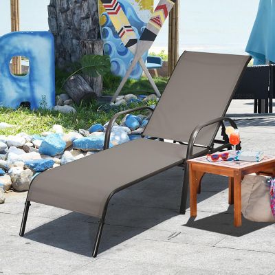 Costway Outdoor Patio Lounge Chair Chaise Fabric Adjustable Reclining Armrest Pool Brown Image 3