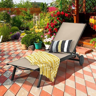 Costway Outdoor Patio Lounge Chair Chaise Reclining Aluminum Fabric Adjustable Brown Image 1