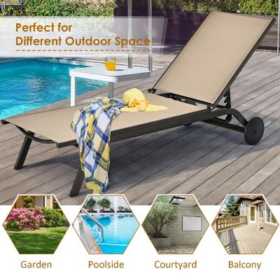 Costway Outdoor Patio Lounge Chair Chaise Reclining Aluminum Fabric Adjustable Brown Image 3