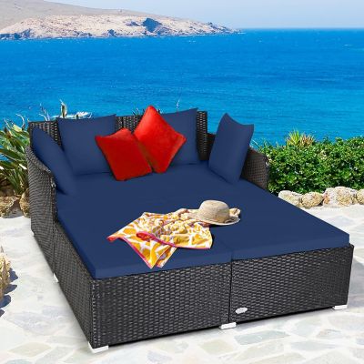Costway Outdoor Patio Rattan Daybed Pillows Cushioned Sofa Furniture Navy Image 1