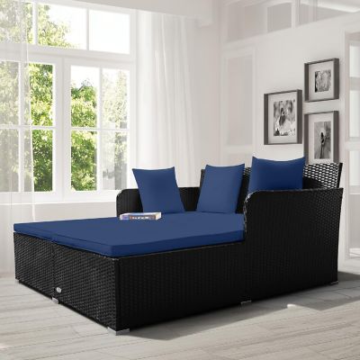 Costway Outdoor Patio Rattan Daybed Pillows Cushioned Sofa Furniture Navy Image 1