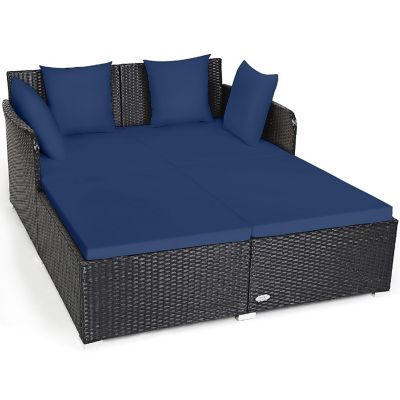 Costway Outdoor Patio Rattan Daybed Pillows Cushioned Sofa Furniture Navy Image 2