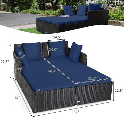 Costway Outdoor Patio Rattan Daybed Pillows Cushioned Sofa Furniture Navy Image 3