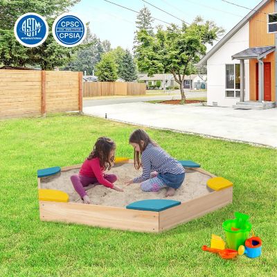 Costway Outdoor Wooden Sandbox with Seats Backyard Bottomless Sandpit for Kids Aged 3+ Image 2