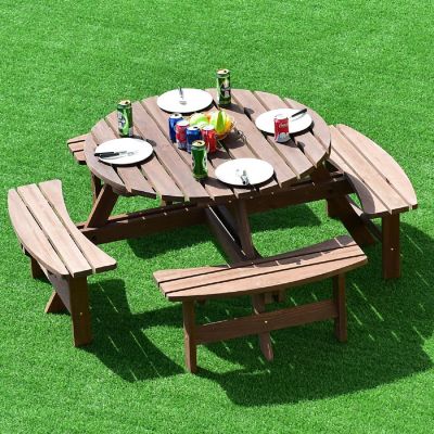 Costway Patio 8 Seat Wood PicnicTable Beer Dining Seat Bench Set Pub Garden Yard Image 2