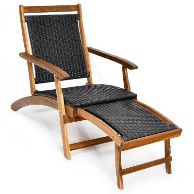 Costway  Patio Folding Rattan Lounge Chair Wooden Frame W/ Retractable Footrest Image 1