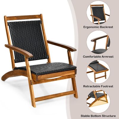 Costway  Patio Folding Rattan Lounge Chair Wooden Frame W/ Retractable Footrest Image 3
