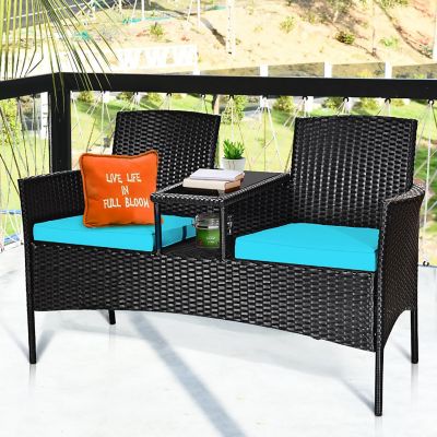 Costway Patio Rattan Conversation Set Seat Sofa Cushioned Loveseat Chairs Turquoise Image 1