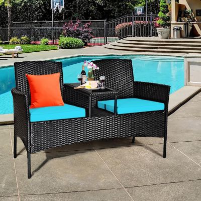 Costway Patio Rattan Conversation Set Seat Sofa Cushioned Loveseat Chairs Turquoise Image 3