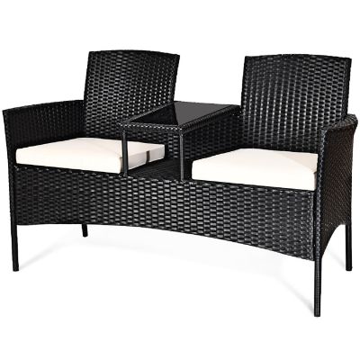 Costway Patio Rattan Conversation Set Seat Sofa Cushioned Loveseat Glass Table Chairs Image 1