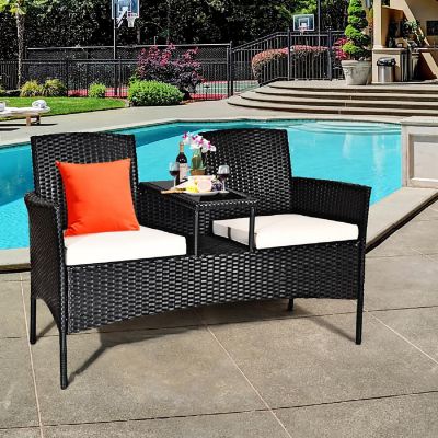 Costway Patio Rattan Conversation Set Seat Sofa Cushioned Loveseat Glass Table Chairs Image 2