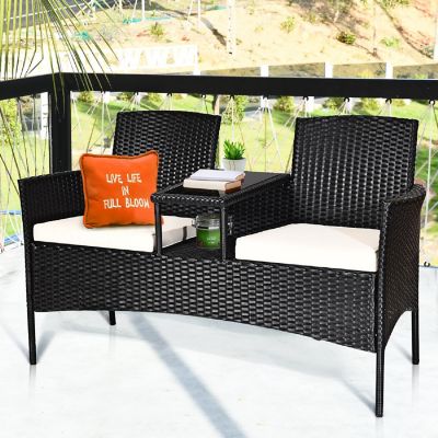 Costway Patio Rattan Conversation Set Seat Sofa Cushioned Loveseat Glass Table Chairs Image 3