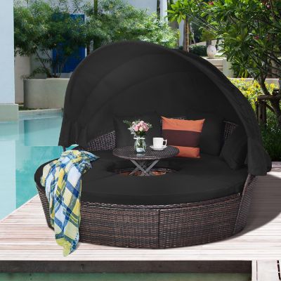 Costway Patio Rattan Daybed Cushioned Sofa Adjustable Table Top Canopy Black Image 2