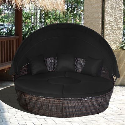 Costway Patio Rattan Daybed Cushioned Sofa Adjustable Table Top Canopy Black Image 3