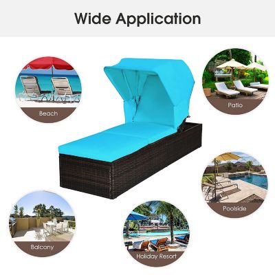 Costway Patio Rattan Lounge Chair Chaise Cushioned Top Canopy Adjustable Turquoise Image 3