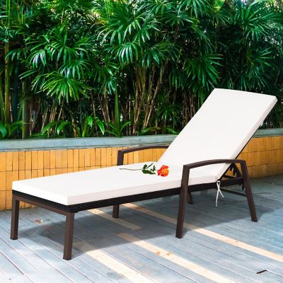 Costway Patio Rattan Lounge Chair Recliner Back Adjustable Cushioned Garden Brown Image 3