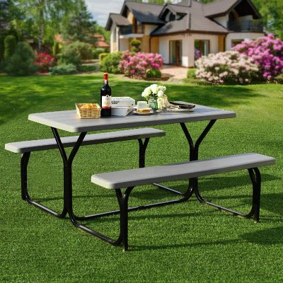 Costway Picnic Table Bench Set Outdoor Camping Backyard Patio Garden Party All Weather Grey Image 1