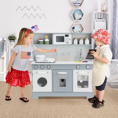 Costway Pretend Play Kitchen Wooden Toy Set for Kids w/ Realistic Light & Sound Image 1