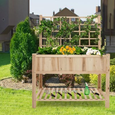 Costway Raised Garden Bed Elevated Wooden Planter Box with Trellis & Open Storage Shelf Image 1