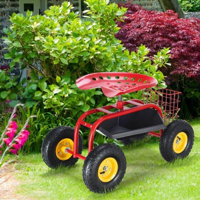 Costway Rolling Tray Gardening Planting with Work Seat Garden Cart Red Image 3