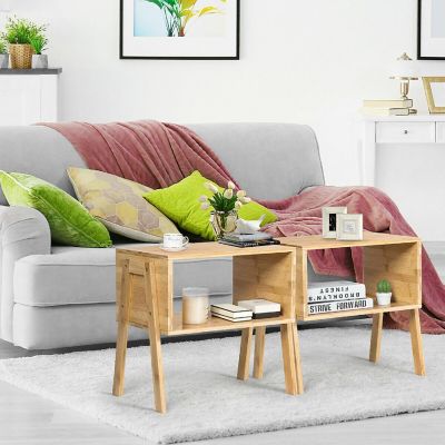 Costway Set of 2 Bamboo Nightstand Stackable Sofa Table Bedside Table with Storage Shelf Image 2