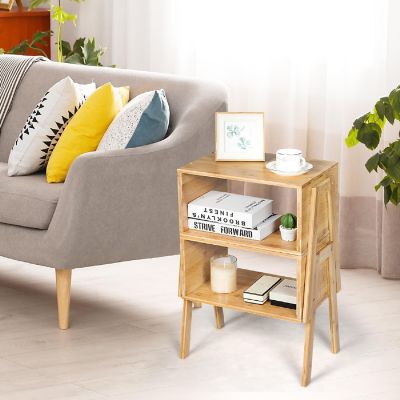 Costway Set of 2 Bamboo Nightstand Stackable Sofa Table Bedside Table with Storage Shelf Image 3