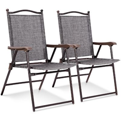 Costway Set of 2 Patio Folding Sling Back Chairs Camping Deck Garden Beach Gray Image 1