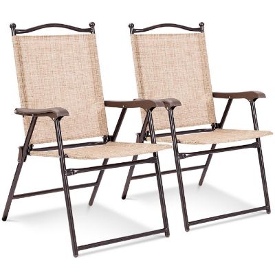 Costway Set of 2 Patio Folding Sling Back Chairs Camping Deck Garden Beach Yellow Image 1