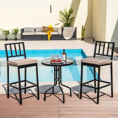 Costway Set of 2 Patio Metal Bar Stools Outdoor Bar Height Dining Chairs with Cushion Image 1