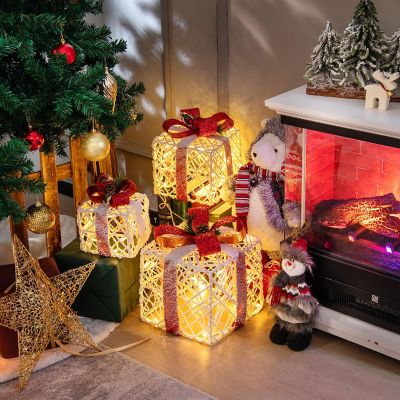 Costway Set of 3 Christmas Lighted Gift Boxes, Indoor Present Box Holiday Decoration Image 2