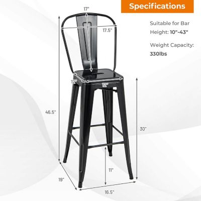 Costway Set of 4 High Back Metal Stool 30'' Seat Bar Height Industrial Bar Stools  Black Image 2