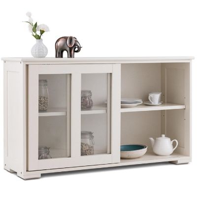 Costway Storage Cabinet Sideboard Buffet Cupboard Glass Sliding Door Pantry Kitchen Off-White Image 1