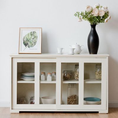 Costway Storage Cabinet Sideboard Buffet Cupboard Glass Sliding Door Pantry Kitchen Off-White Image 2