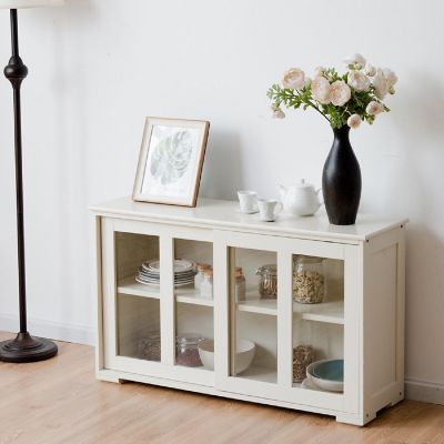 Costway Storage Cabinet Sideboard Buffet Cupboard Glass Sliding Door Pantry Kitchen Off-White Image 3