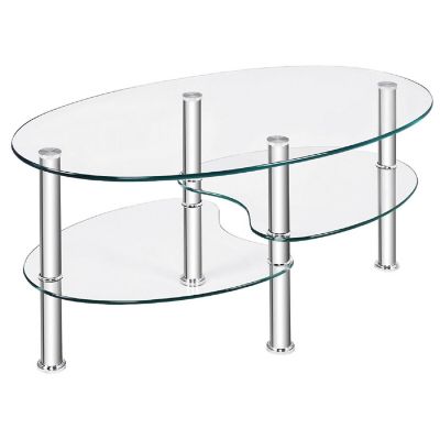 Costway Tempered Glass Oval Side Coffee Table Shelf Chrome Base Living Room Clear Image 1