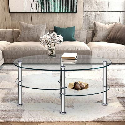 Costway Tempered Glass Oval Side Coffee Table Shelf Chrome Base Living Room Clear Image 2