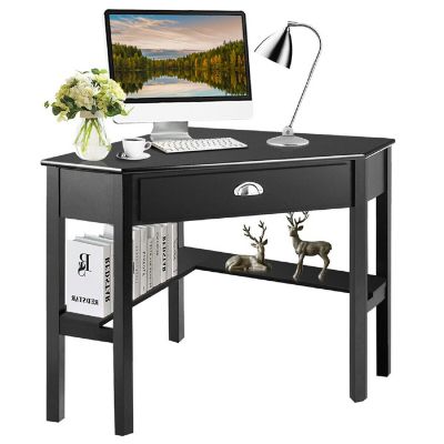 Costway Triangle Computer Desk Corner Office Desk Laptop Table w/ Drawer Shelves Rustic Black Image 1