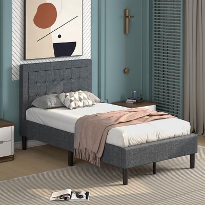 Costway Twin Size Upholstered Bed Frame Button Tufted Headboard Mattress Foundation Grey Image 1
