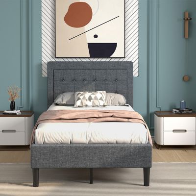 Costway Twin Size Upholstered Bed Frame Button Tufted Headboard Mattress Foundation Grey Image 2