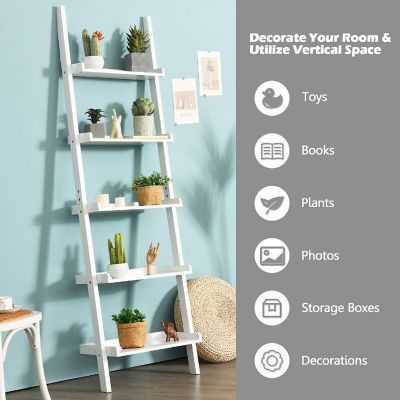 Costway Versatile White 5-Tier Bookshelf Leaning Wall Shelf Ladder  Bookcase Storage Display Furni Image 3