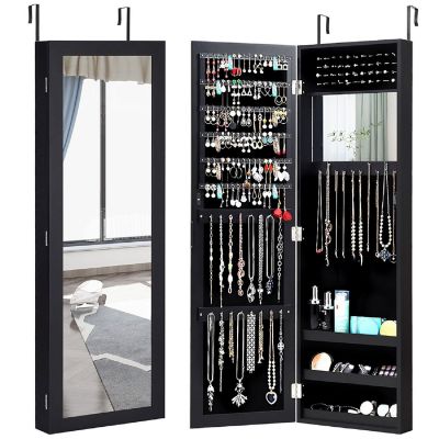 Costway Wall Door Mounted Mirrored Jewelry Cabinet Storage Organizer-Black Image 1