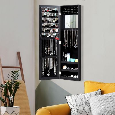 Costway Wall Door Mounted Mirrored Jewelry Cabinet Storage Organizer-Black Image 1